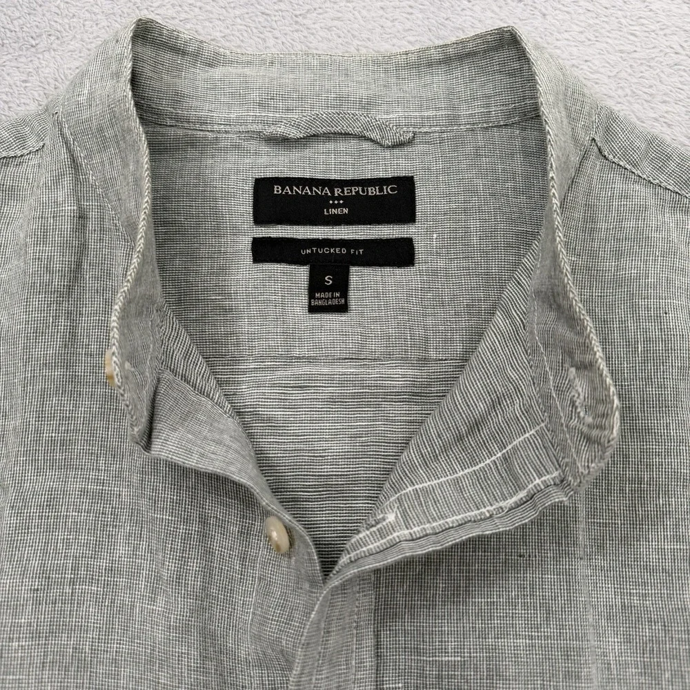 Banana Republic Shirt Men Small Green Check Linen Band Collar Button Up Untucked